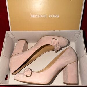 Michael Kors Blush Suede Block Heel Pumps with Knot Accent